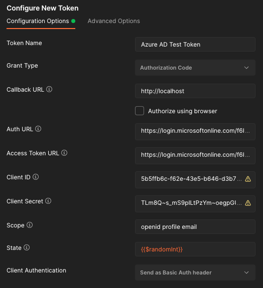 Postman Token Configuration