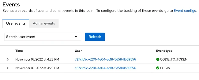 Keycloak dashboard showing events.