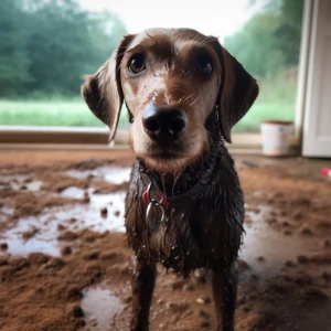 Muddy dog in trouble